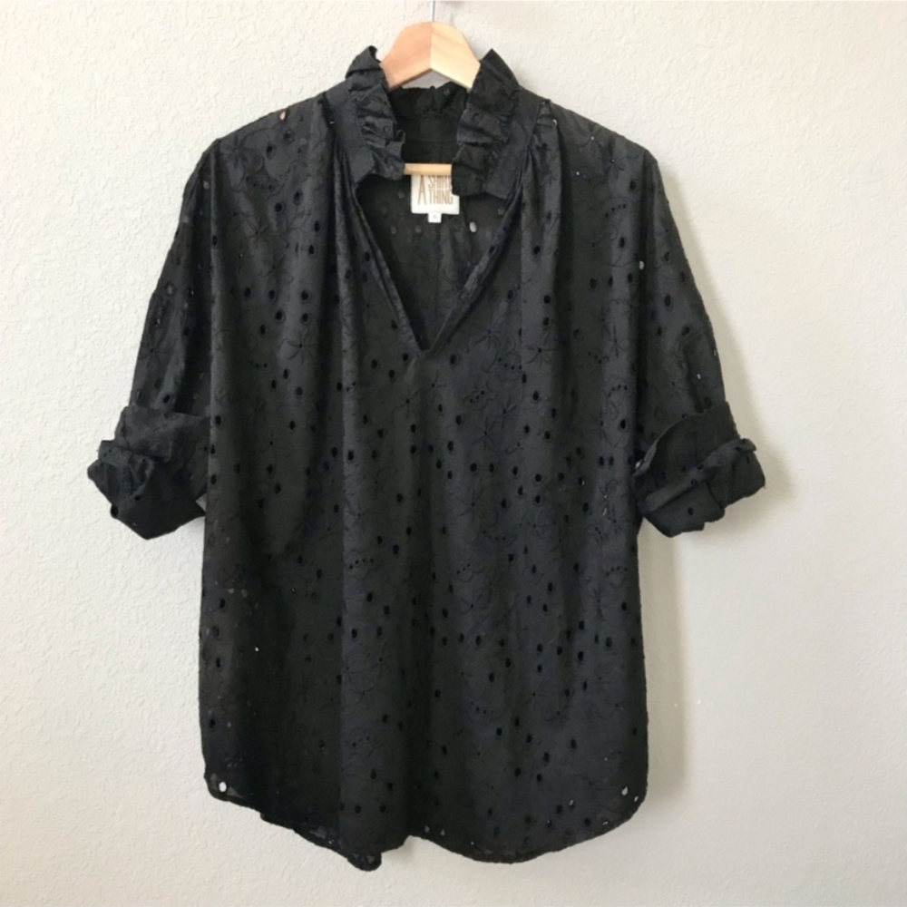 A Shirt Thing Penelope Black Eyelet Top Size Medium Long Sleeve Cotton Ruffle